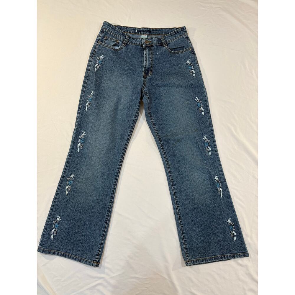 Y2K Embroidered Flare Leg Adolfo Dark Denim Jeans Size 10 Petite